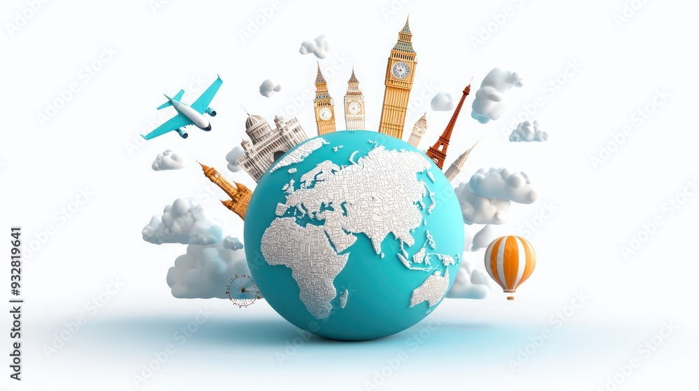Poster 3d globe featuring famous landmarks with soft clouds background - travel the world concept with copy