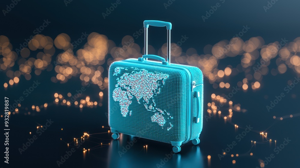 Poster global adventure - 3d suitcase with world map projection on soft focus background with copy space fo