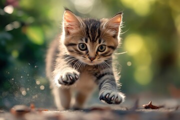 Obraz premium A playful kitten showing its claws while pouncing, capturing its lively and playful behavior in a dynamic moment.