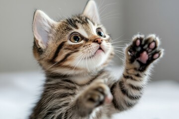 Obraz premium A playful kitten showing its claws while pouncing, capturing its lively and playful behavior in a dynamic moment.
