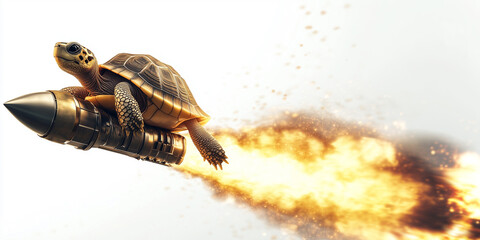 Fototapeta premium A creative and surreal illustration of a turtle riding on top of a speeding rocket