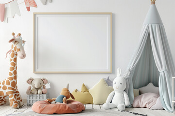 A whimsical colorful blank photo frame in a child room interior toy elements, 3d render