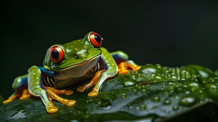 Fototapeta premium A green frog on a leaf with red eyes and hands view from side