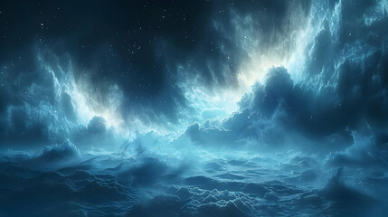 Fototapeta premium Abstract Space Storm Illustration with White Stars and Blue Clouds