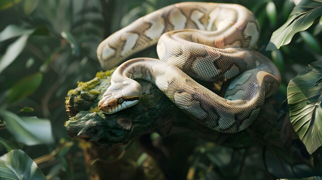 A very long and dangerous python snake  on the branch of the tree in the forest
