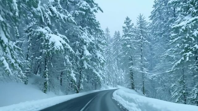 Scenic winter drive through snow-covered trees in a tranquil forest