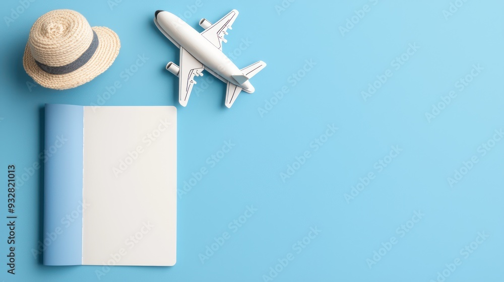Poster travel essentials: paper art passport and boarding pass on blank background with soft shadows, gener