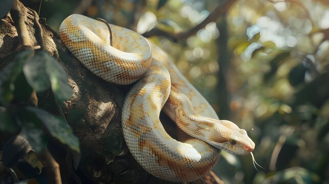 A very long and dangerous python on the branch of the tree in the forest