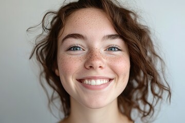Naklejka premium Smiling young woman with freckles and blue eyes
