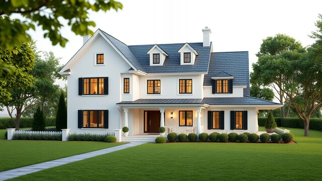 Modern white house with landscaped yard and warm evening lights in suburban neighborhood