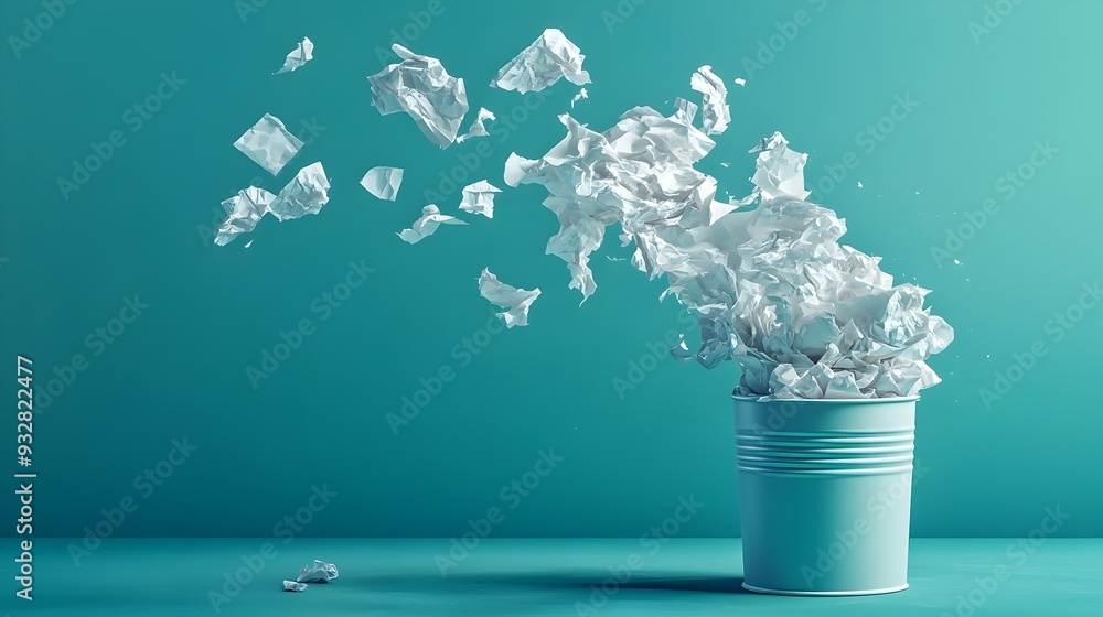 Poster Crumpled Paper Artfully Tossed into a Abstract Trash Can with Flowing Motion Lines