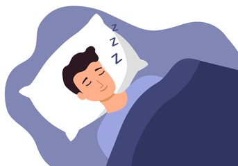 Man sleeping on the bed in flat design. Guy lying on comfortable bed on pillow.