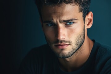 Fototapeta premium Intense male portrait with deep gaze and shadow play