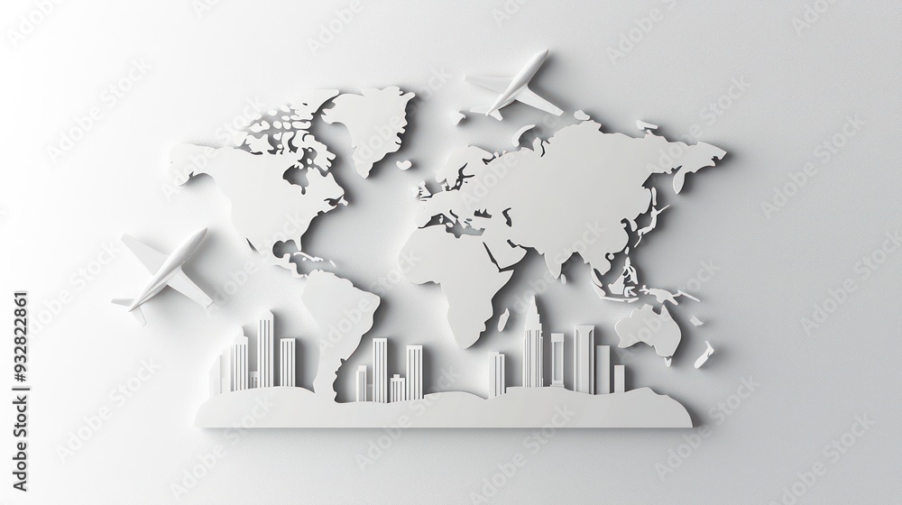 Poster global travel connections: paper art world globe with flight paths on blank background., generative 