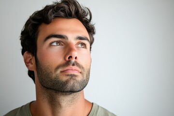 Obraz premium Hopeful man looking up, olive green shirt, stubble, neutral back