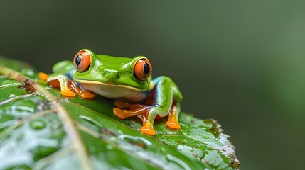  Close up shot of a green frog on a leaf