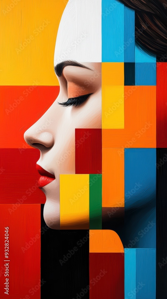 Poster abstract portrait of a woman's face with a geometric design of colorful blocks. the vibrant composit