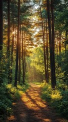 Fototapeta premium Scenic Forest Path in Lush Green Pine Trees