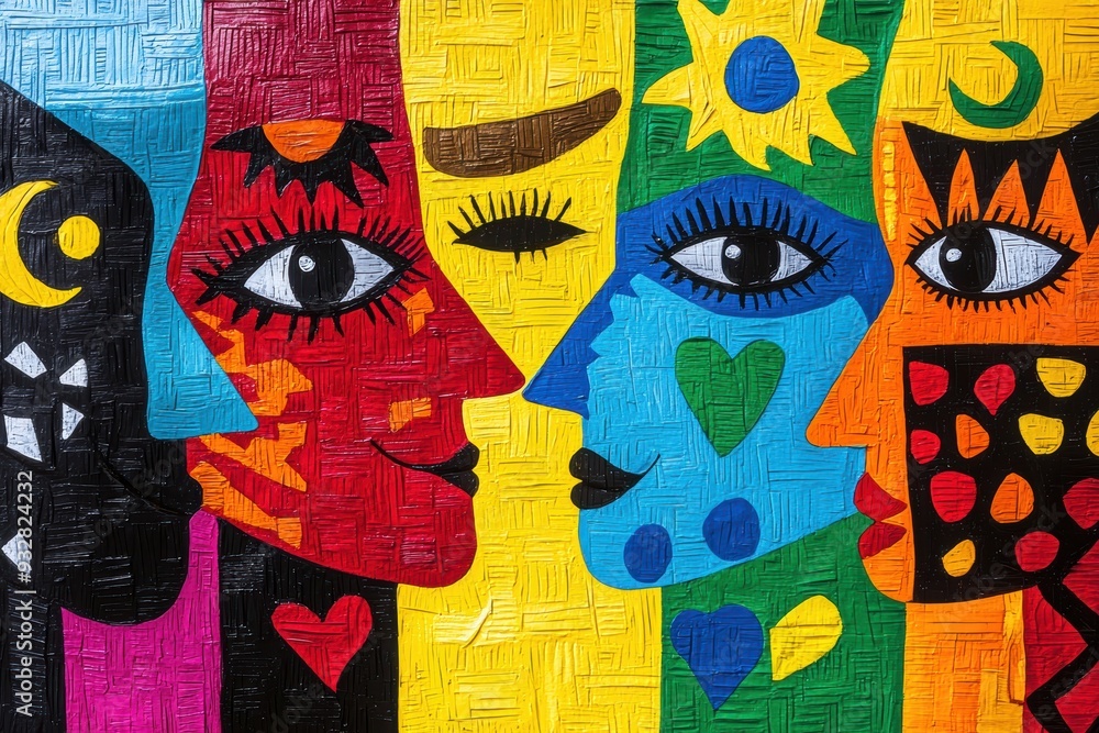 Poster colorful abstract faces in a pop art style with vibrant textures. the composition features bold shap