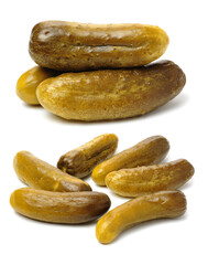 Marinated pickled cucumbers on white background
