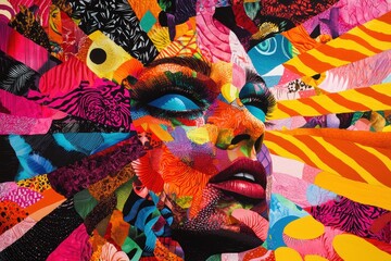 Obraz premium Vibrant collage portrait featuring abstract patterns and textures in a variety of colors. The composition blends realism and abstraction, creating a dynamic and energetic visual experience.