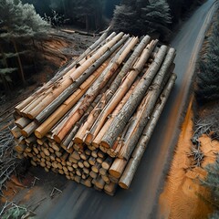 stacked-logs-at-the-side-of-the-road-prepared-for-transportation-deforestation-concept-aerial-view