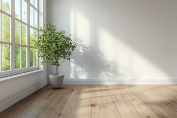 Sunlight Streams Through Window onto Hardwood Floor with Plant in Corner of Room