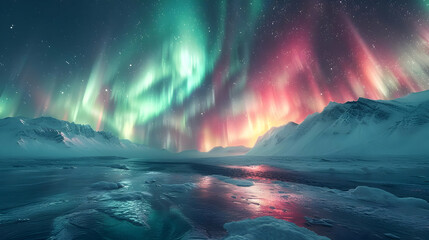 Obraz premium Northern Lights Over Snowy Mountains - Night Sky Landscape Photo