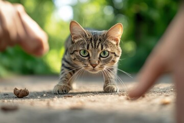 A cat cautiously approaching a stranger with claws ready, displaying defensive behavior and alertness as it assesses the unfamiliar presence.