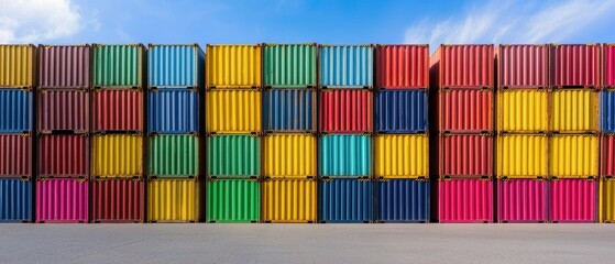 Obraz premium Large collection of colorful shipping containers stacked in rows outdoors, organized for transportation and trade purposes under a blue sky.