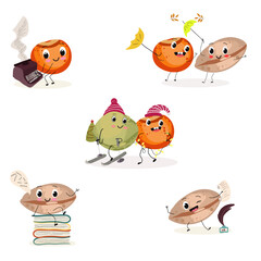 Lentil funny characters, vector hand drawn illustrations set, collection, legume menu, with cute vegan protein characters isolated on white.