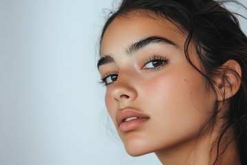 Naklejka premium Close-up portrait of young woman with natural makeup and glowing
