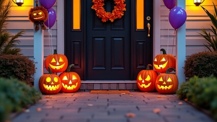 Obraz premium Close-up Halloween setting house entrance with jack-o-lanterns, wreaths, orange and black, purple balloons and ghost doll decorations.