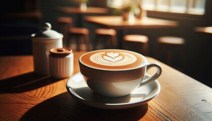 Fototapeta premium a cappuccino served in a white ceramic cup with a saucer. The cappuccino should have a perfectly frothy layer with an intricate latte art design on top, such as a heart or rosette