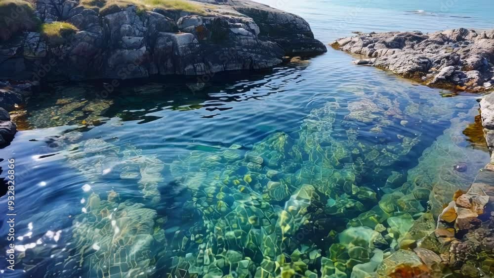 Poster sun reflecting on the surface of a natural seawater pool formed in a rocky coastline during low tide