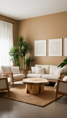 A cozy living room with neutral tones, plants, and modern furniture for relaxation.