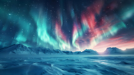Naklejka premium Aurora Borealis Over Snowy Mountains Illustration