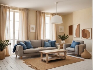Cozy and modern living room with natural light and minimalist decor.