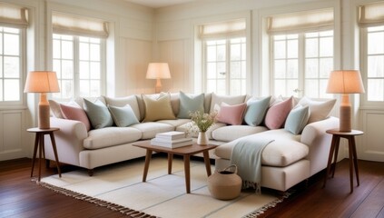 Cozy living room with a sectional sofa, soft pillows, and warm lighting.