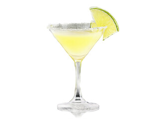 Daiquiri A sleek martini glass with pale yellow liquid lime wedge on the rim and