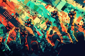 Obraz premium A digital illustration of the Indian flag with raised fists in the foreground