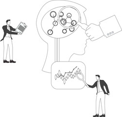 Artificial intelligence, Complex circuits in the brain, looking for information using a magnifying glass in front of an artificial intelligence brain, Businessman