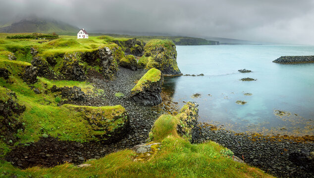 Long panorama of Iceland. Northern nature, landscape with unusual rocks and ocean. Amazing nature. Iceland landscape