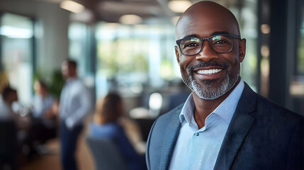 Fototapeta premium A confident businessman in a blue suit and glasses smiles while standing in an office.