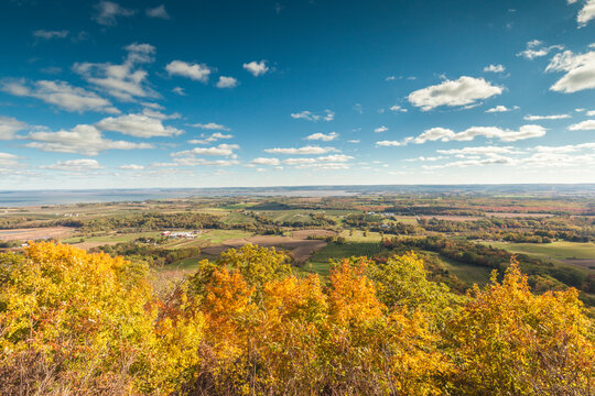 Canada, Nova Scotia, Canning. The Lookoff, elevated view of the Annapolis Valley in autumn.