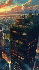 The rooftop hotel features greenery and showcases a stunning sunset over a vibrant city filled with twinkling lights