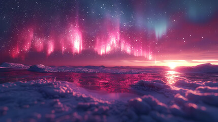 Pink Aurora Borealis Over Frozen Lake - Digital Art Illustration