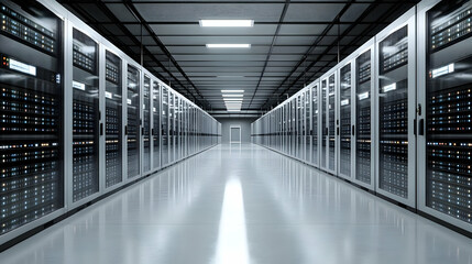Fototapeta premium A long hallway in a data center with rows of server racks.