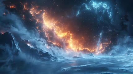 Fototapeta premium Fantasy Mountain Landscape with Fire and Ice Illustration