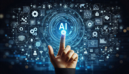 AI concept with businessman hand pressing a button on a technology screen